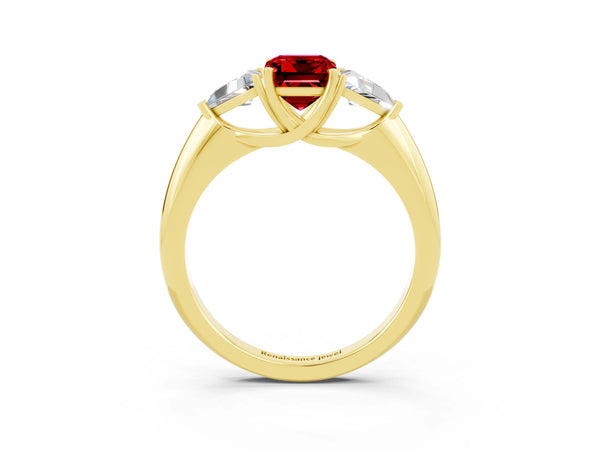 Yellow gold Three-Stone Emerald Cut Cut Diamond Ring with Trillion Side Stones and Four-Prong Setting