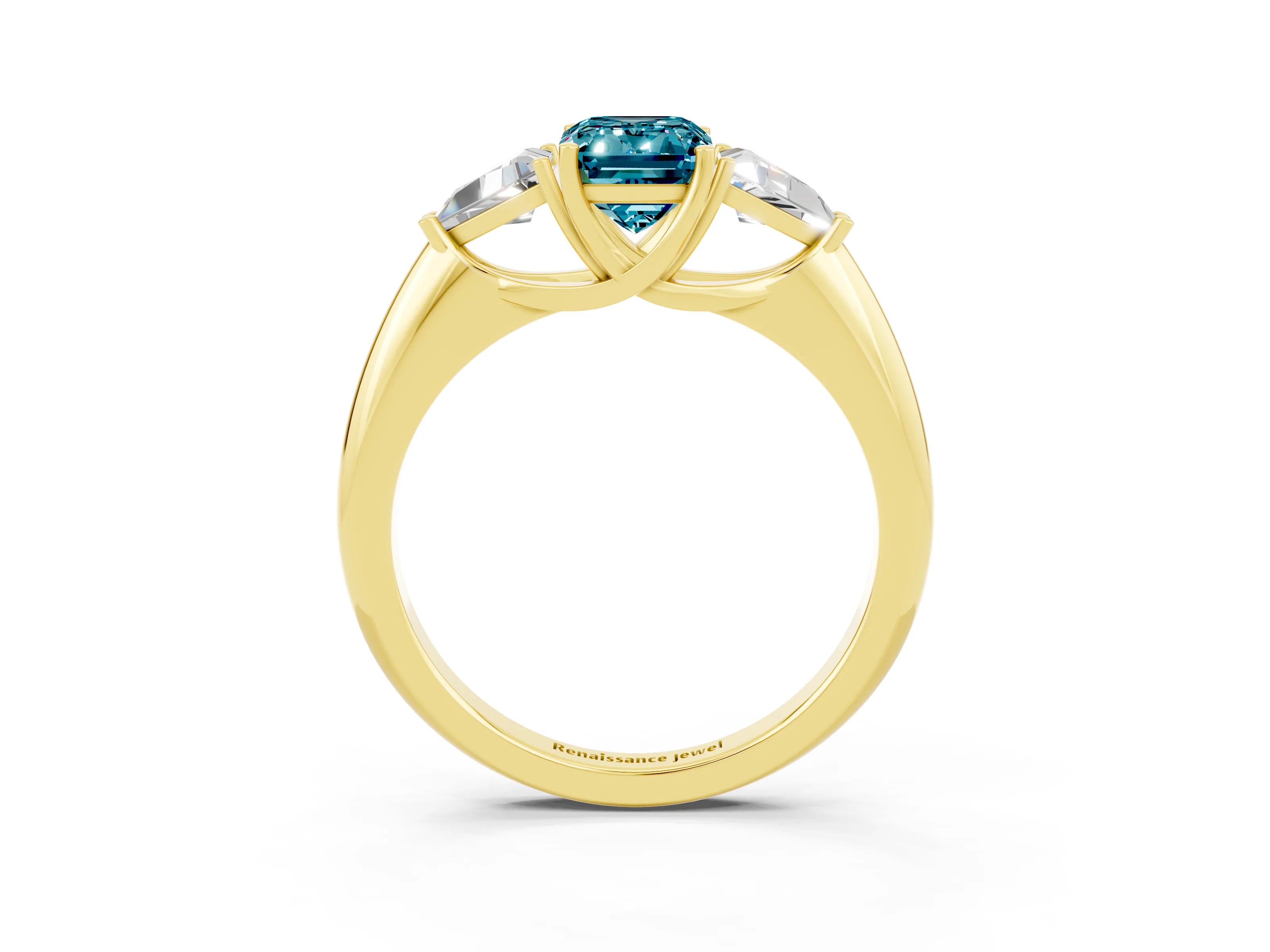 Yellow gold Three-Stone Emerald Cut Cut Diamond Ring with Trillion Side Stones and Four-Prong Setting_3