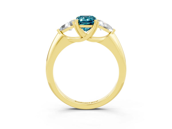 Yellow gold Three-Stone Emerald Cut Cut Diamond Ring with Trillion Side Stones and Four-Prong Setting
