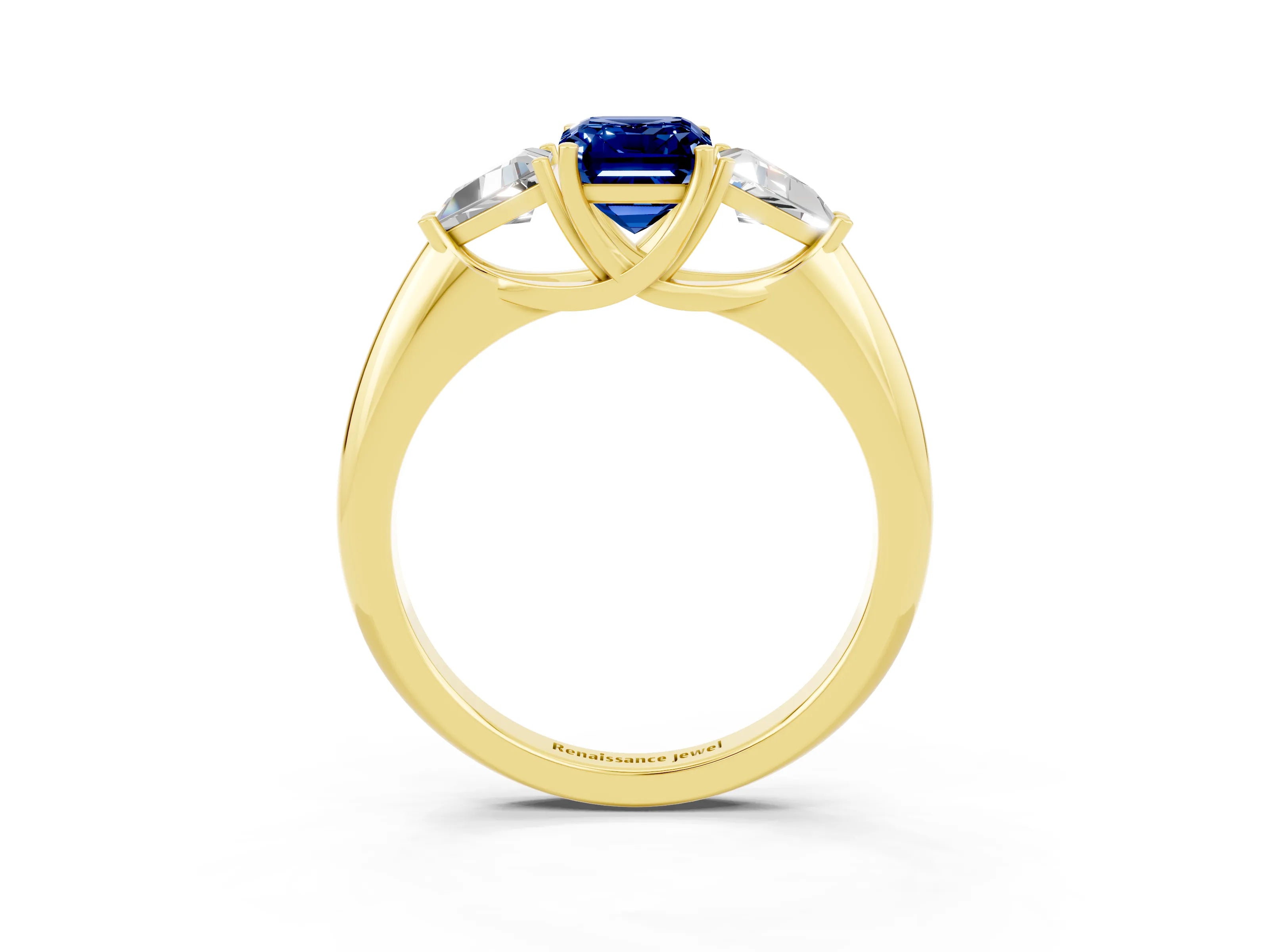 Yellow gold Three-Stone Emerald Cut Cut Diamond Ring with Trillion Side Stones and Four-Prong Setting_3