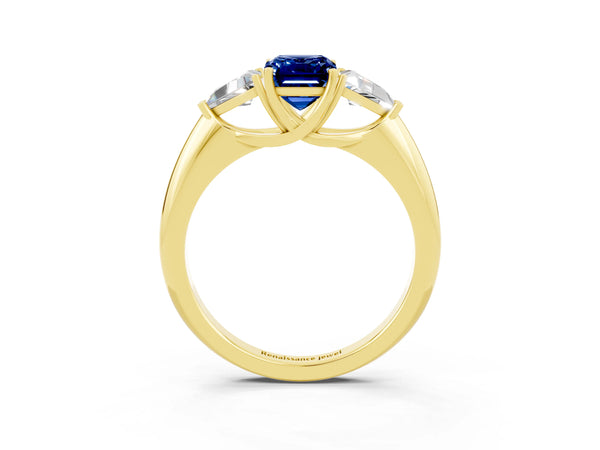 Yellow gold Three-Stone Emerald Cut Blue Sapphire Engagement Ring with Trillion Side Stones and Prong Setting