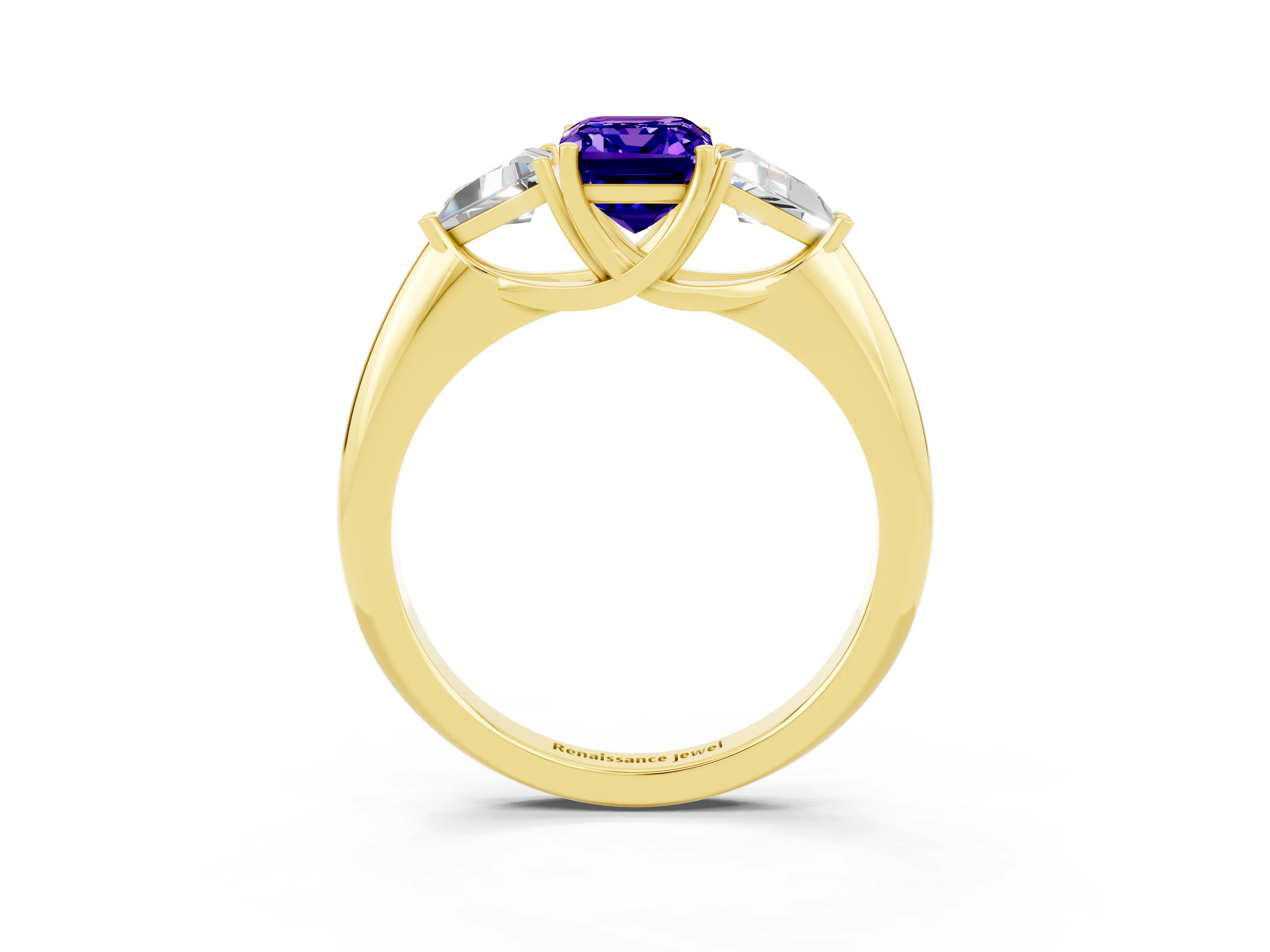 Yellow gold Three-Stone Emerald Cut Cut Diamond Ring with Trillion Side Stones and Four-Prong Setting_3