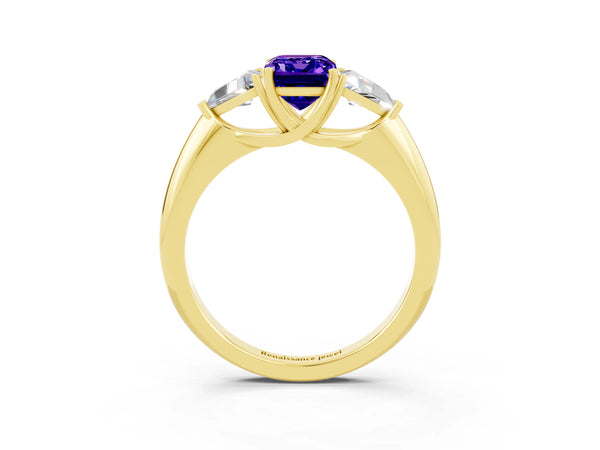 Yellow gold Three-Stone Emerald Cut Tanzanite Engagement Ring with Trillion Side Stones and Prong Setting