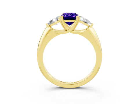 Yellow gold Three-Stone Emerald Cut Cut Diamond Ring with Trillion Side Stones and Four-Prong Setting_3