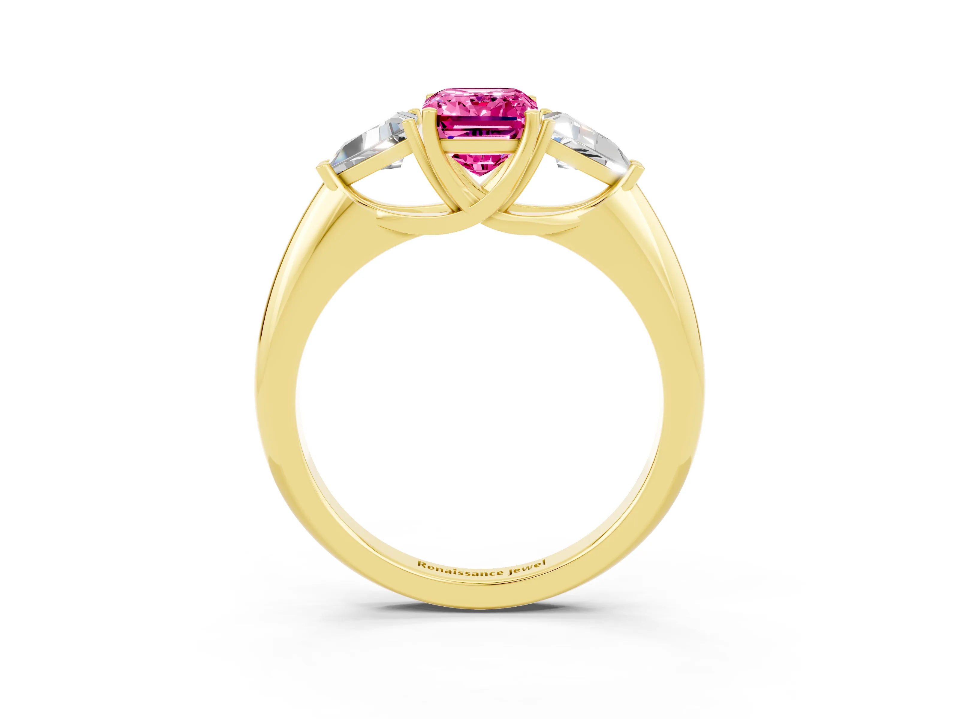 Yellow gold Three-Stone Emerald Cut Cut Diamond Ring with Trillion Side Stones and Four-Prong Setting_3