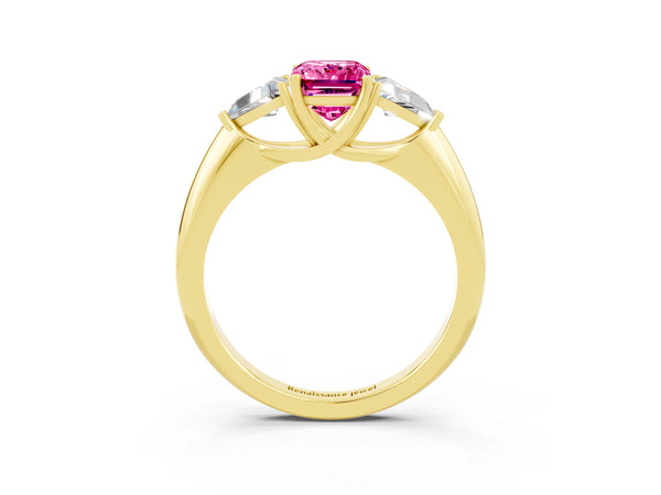Yellow gold Three-Stone Emerald Cut Pink Sapphire Engagement Ring with Trillion Side Stones and Prong Setting