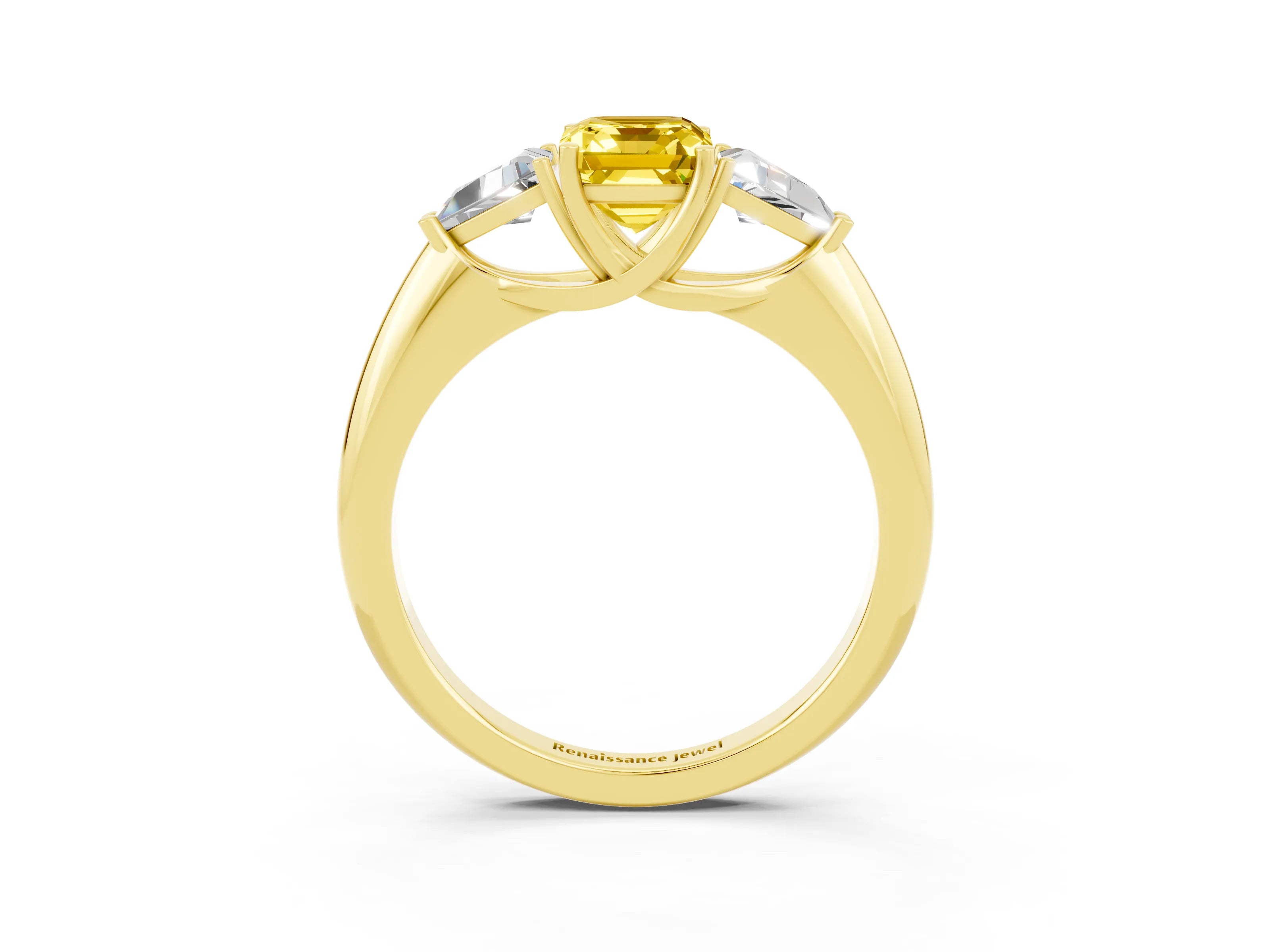 Yellow gold Three-Stone Emerald Cut Cut Diamond Ring with Trillion Side Stones and Four-Prong Setting_3