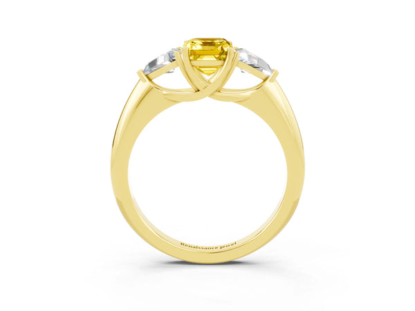 Yellow gold Three-Stone Emerald Cut Yellow Sapphire Engagement Ring with Trillion Side Stones and Prong Setting
