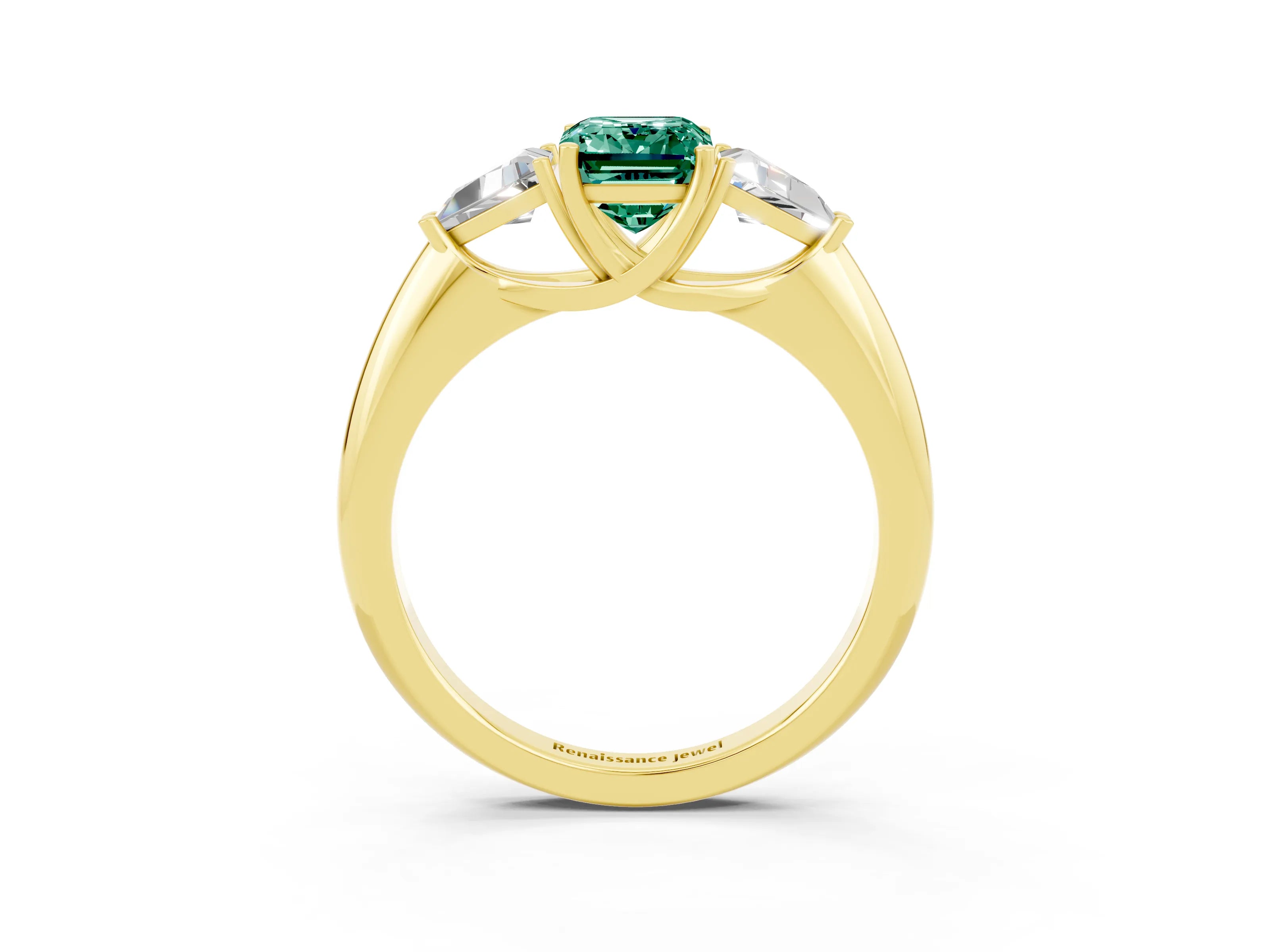 Yellow gold Three-Stone Emerald Cut Cut Diamond Ring with Trillion Side Stones and Four-Prong Setting_3