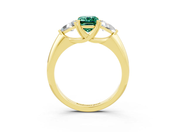 Yellow gold Three-Stone Emerald Cut Cut Diamond Ring with Trillion Side Stones and Four-Prong Setting