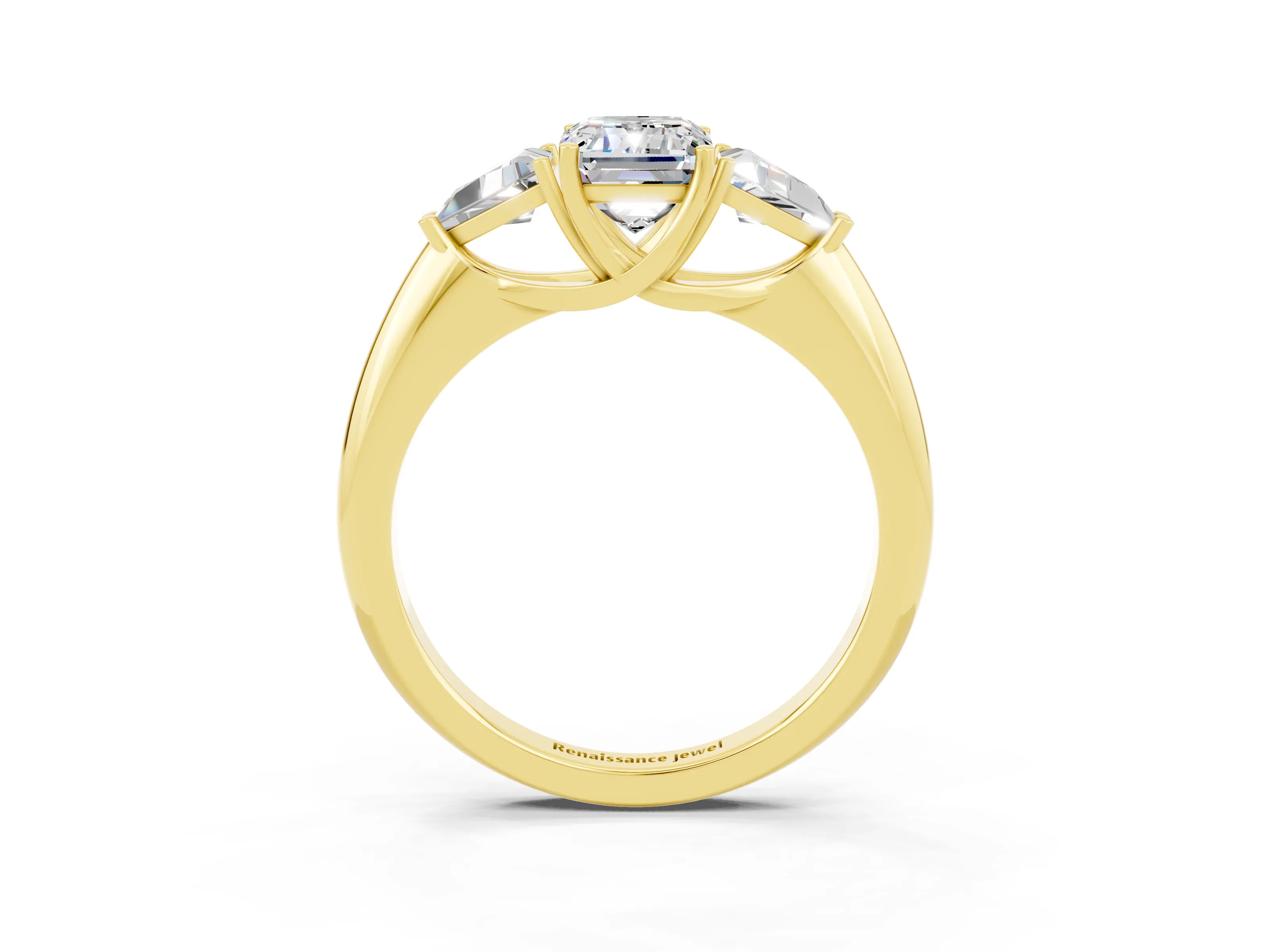 Yellow gold Three-Stone Emerald Cut Cut Diamond Ring with Trillion Side Stones and Four-Prong Setting_3