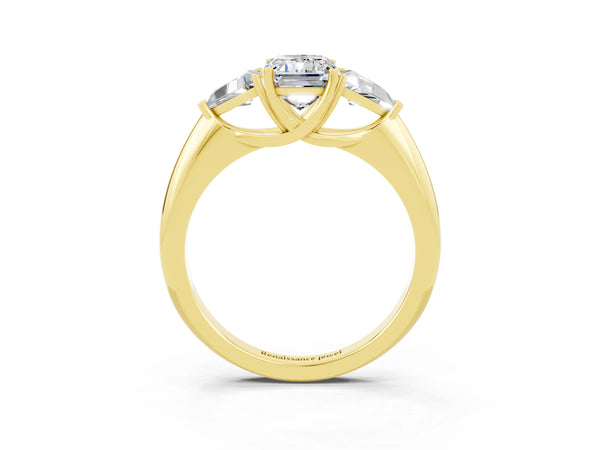 Yellow gold Three-Stone Emerald Cut Moissanite Engagement Ring with Trillion Side Stones and Prong Setting