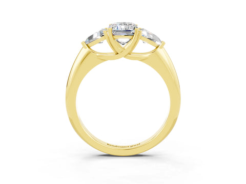 Yellow gold Three-Stone Emerald Cut Cut Diamond Ring with Trillion Side Stones and Four-Prong Setting_3