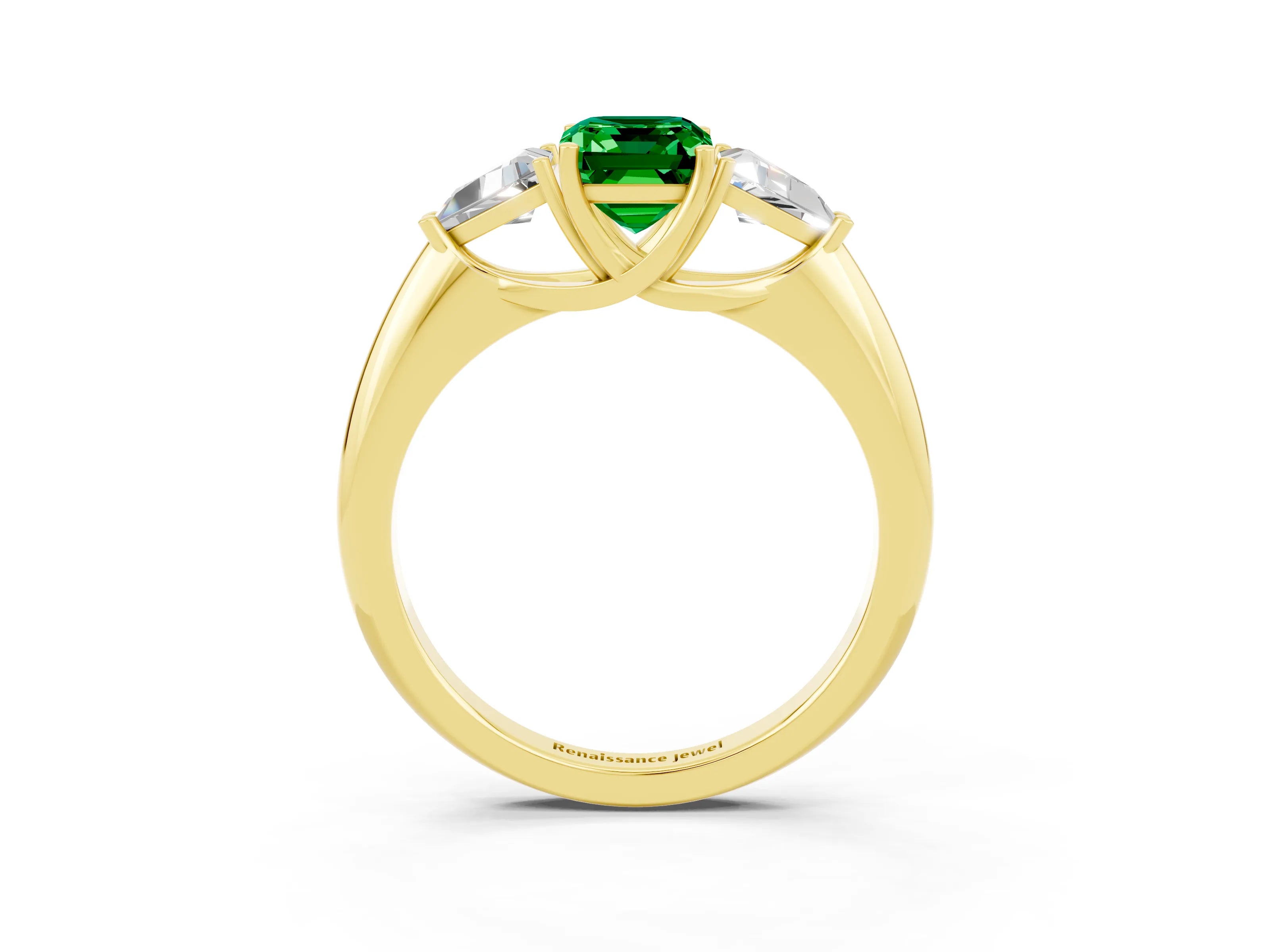 Yellow gold Three-Stone Emerald Cut Cut Diamond Ring with Trillion Side Stones and Four-Prong Setting_3