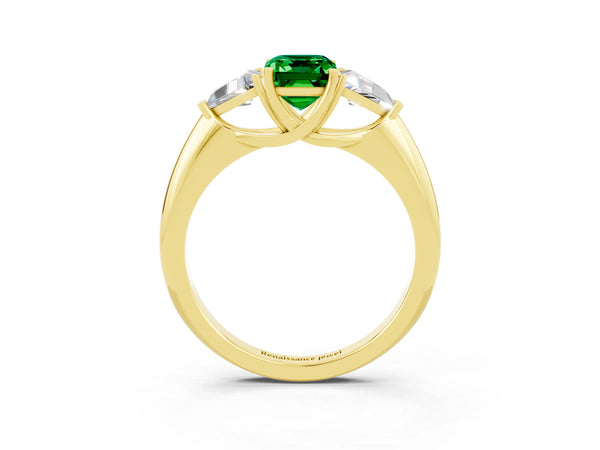 Yellow gold Three-Stone Emerald Cut Emerald Engagement Ring with Trillion Side Stones and Prong Setting