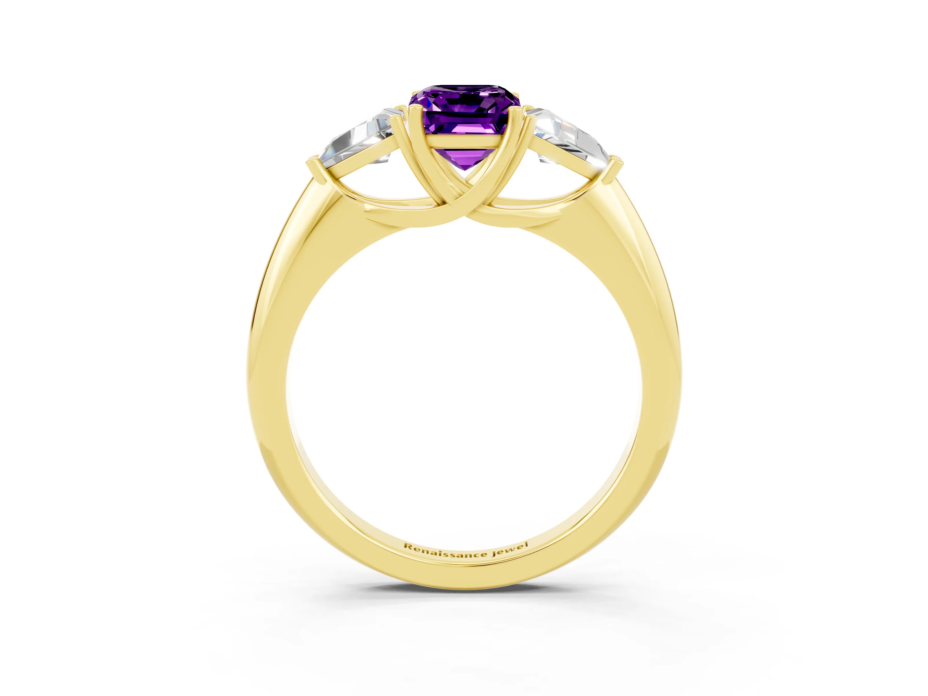 Yellow gold Three-Stone Emerald Cut Cut Diamond Ring with Trillion Side Stones and Four-Prong Setting_3