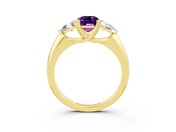 Yellow gold Three-Stone Emerald Cut Amethyst Engagement Ring with Trillion Side Stones and Prong Setting
