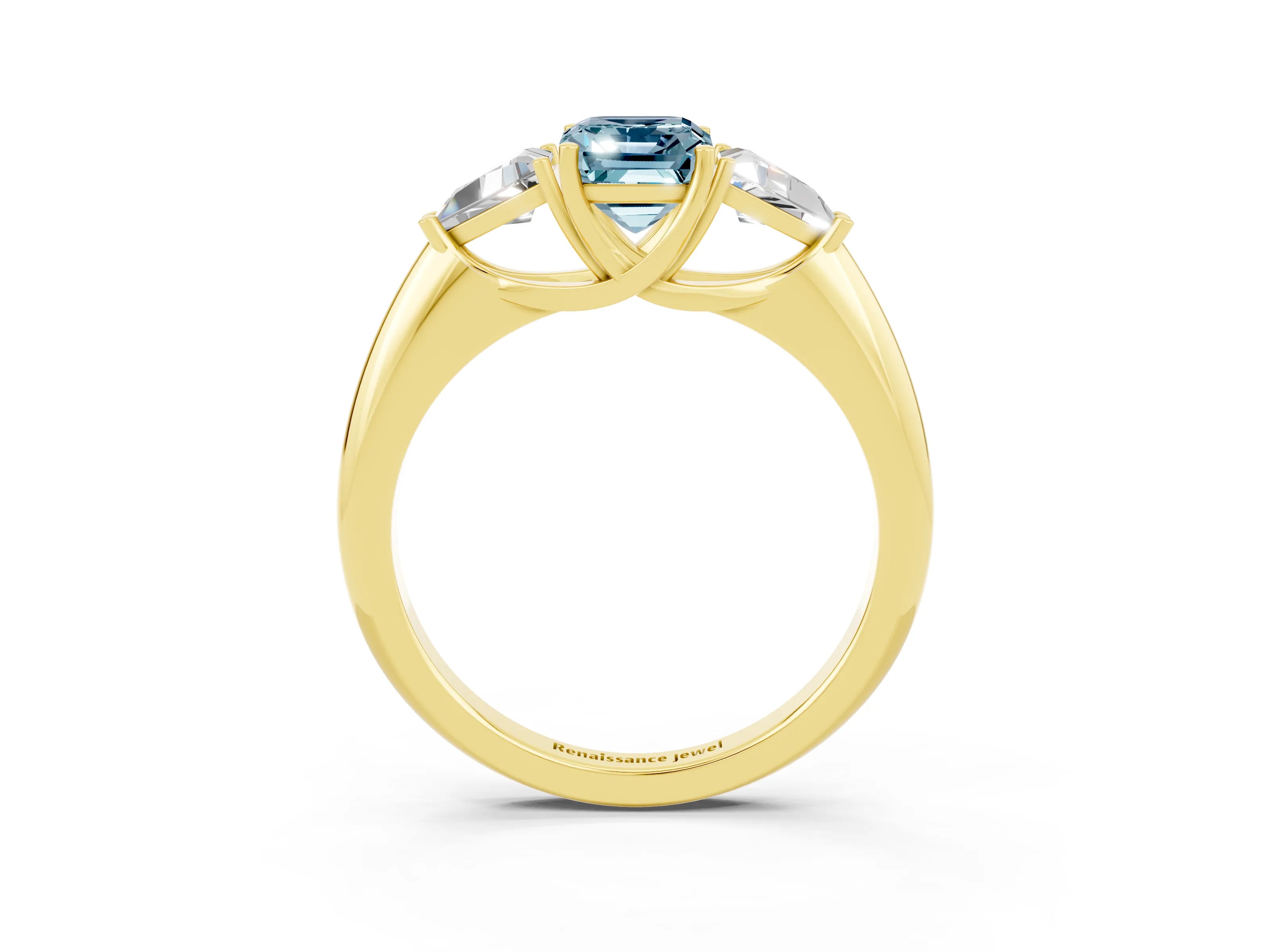 Yellow gold Three-Stone Emerald Cut Cut Diamond Ring with Trillion Side Stones and Four-Prong Setting_3