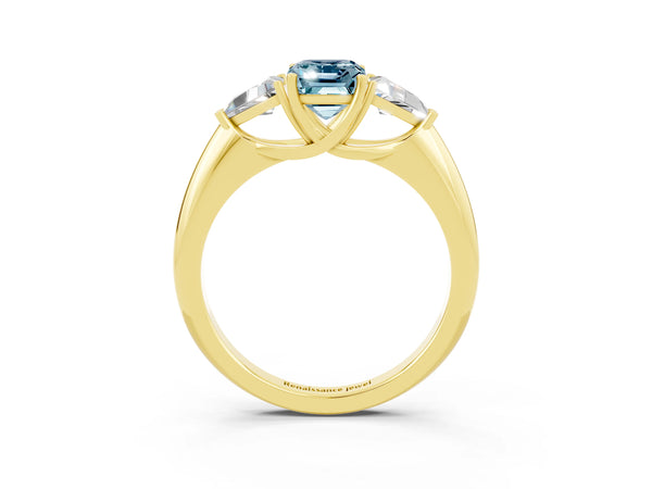 Yellow gold Three-Stone Emerald Cut Aquamarine Engagement Ring with Trillion Side Stones and Prong Setting