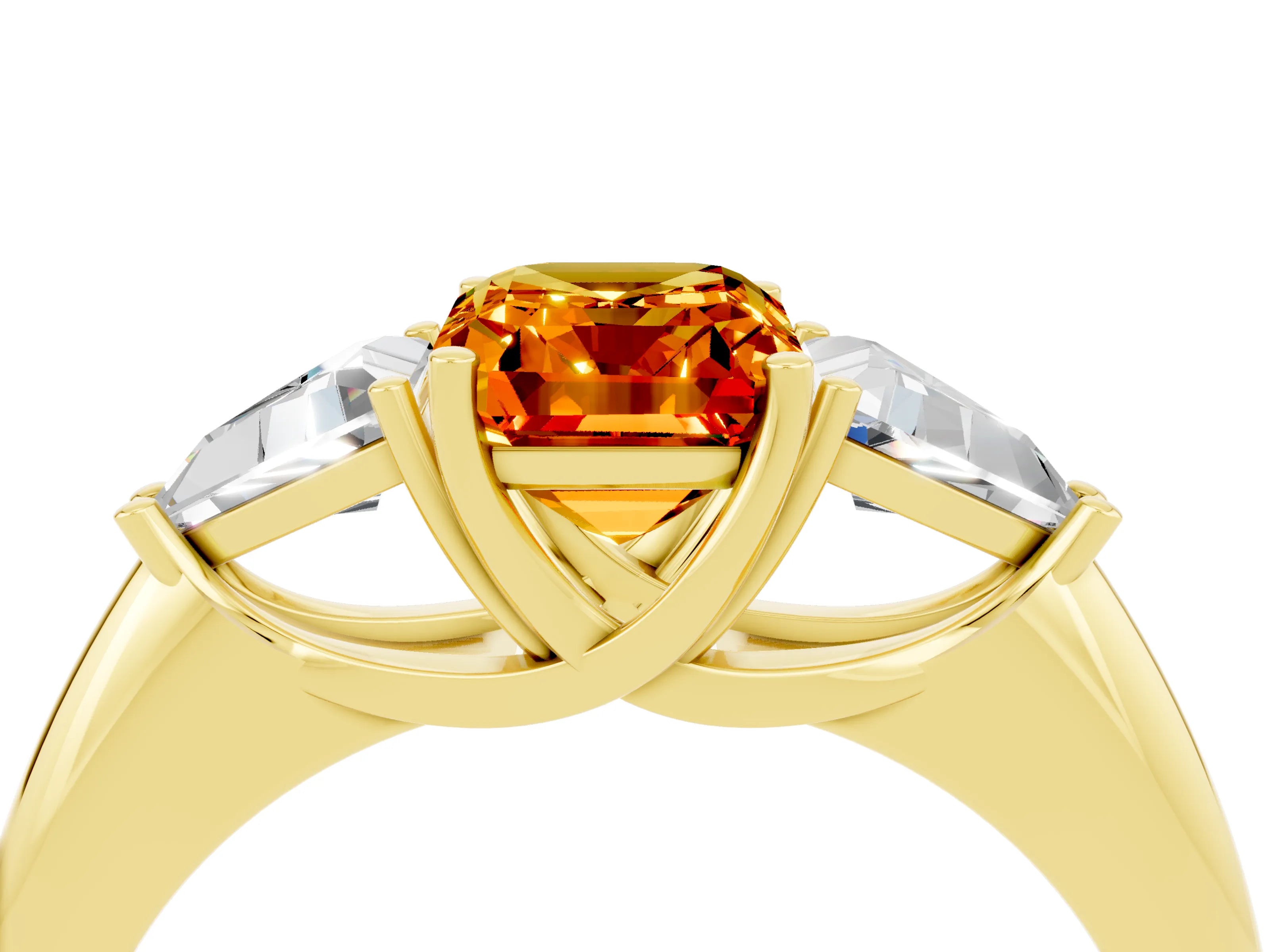 Yellow gold Three-Stone Emerald Cut Cut Diamond Ring with Trillion Side Stones and Four-Prong Setting_4