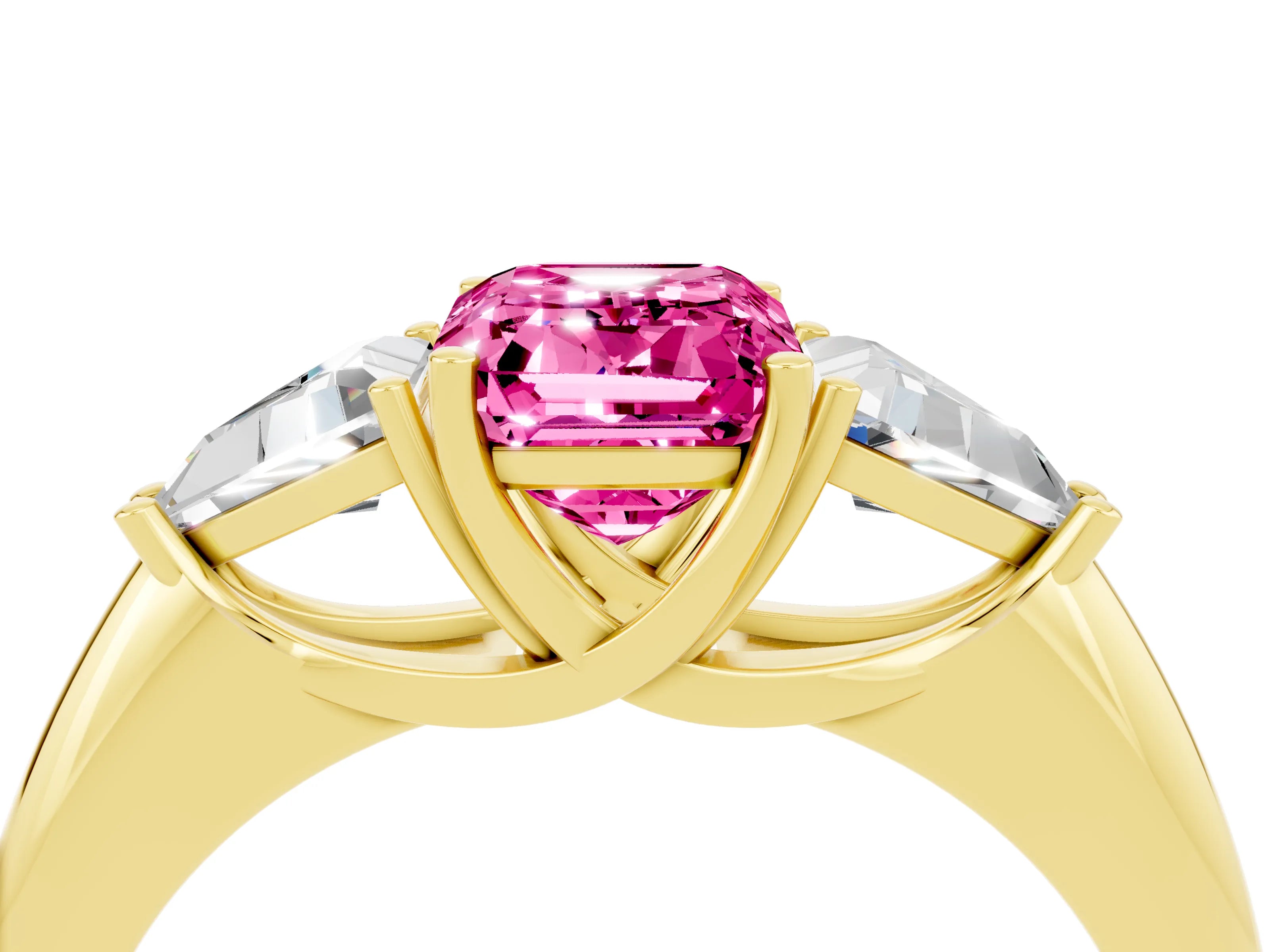 Yellow gold Three-Stone Emerald Cut Cut Diamond Ring with Trillion Side Stones and Four-Prong Setting_4