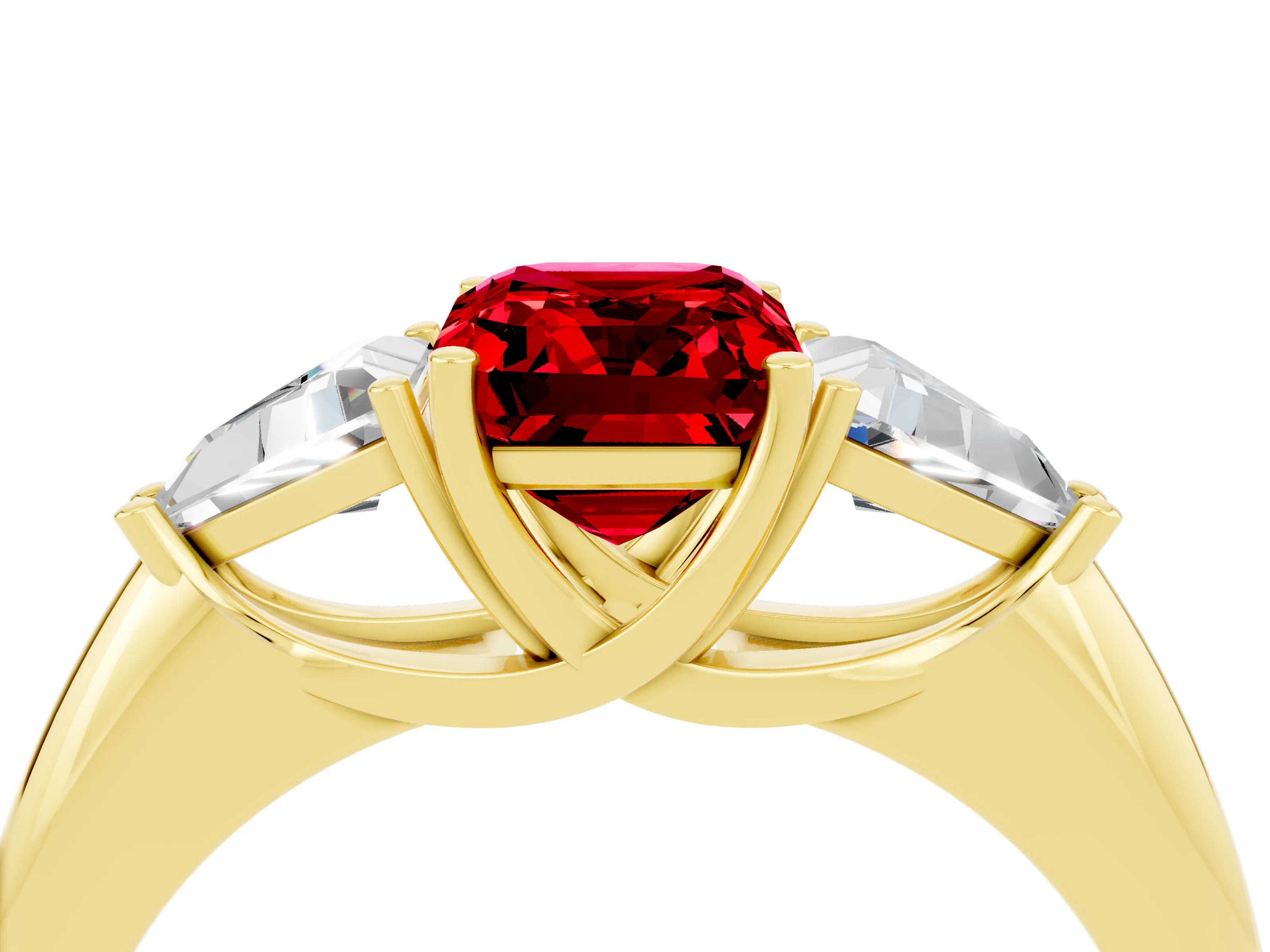Yellow gold Three-Stone Emerald Cut Cut Diamond Ring with Trillion Side Stones and Four-Prong Setting_4