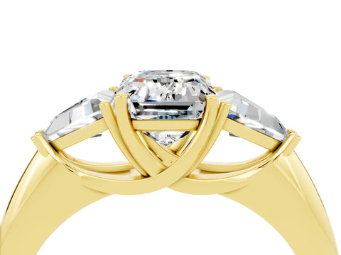 Yellow gold Three-Stone Emerald Cut Cut Diamond Ring with Trillion Side Stones and Four-Prong Setting_4