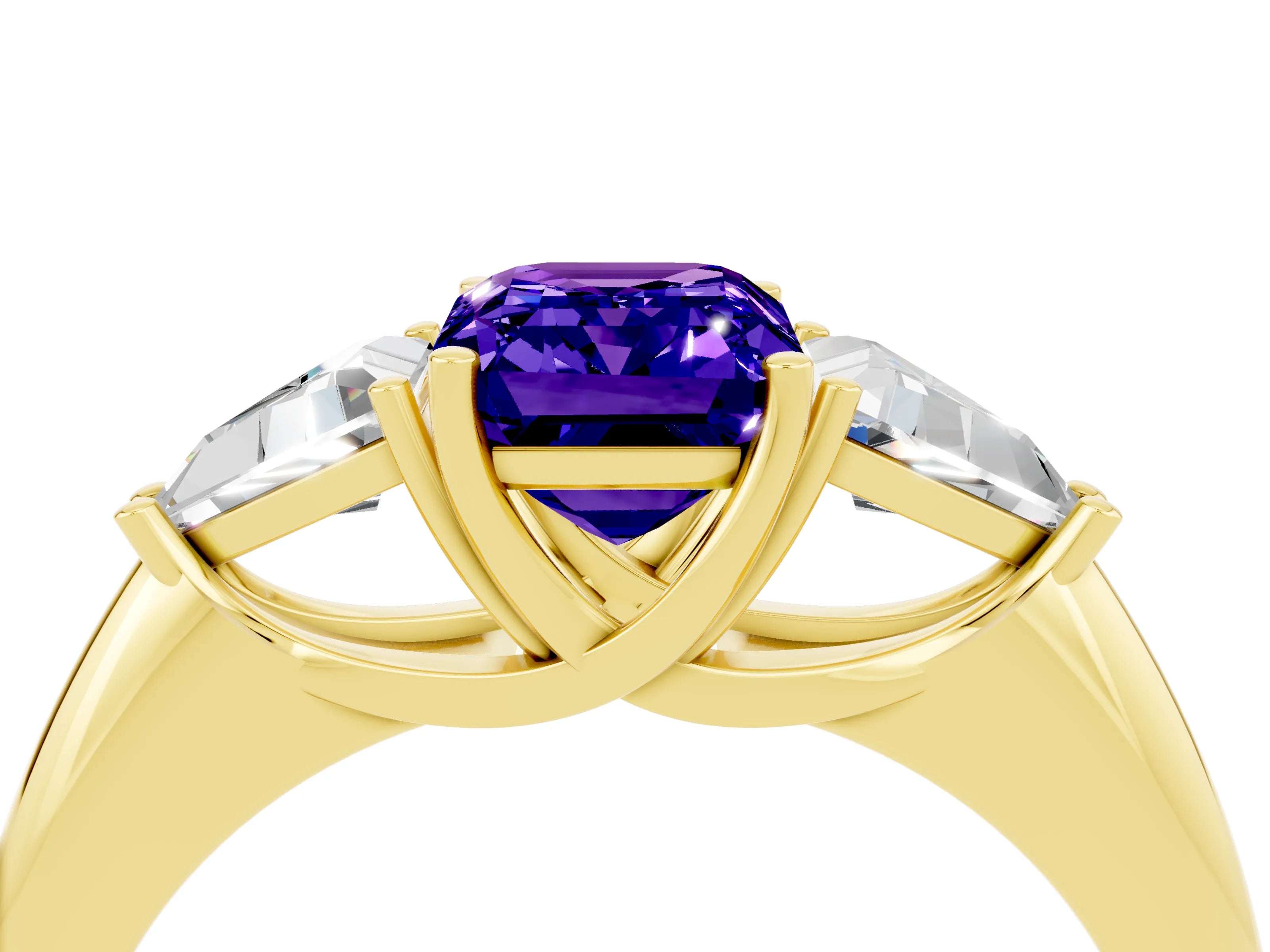 Yellow gold Three-Stone Emerald Cut Cut Diamond Ring with Trillion Side Stones and Four-Prong Setting_4