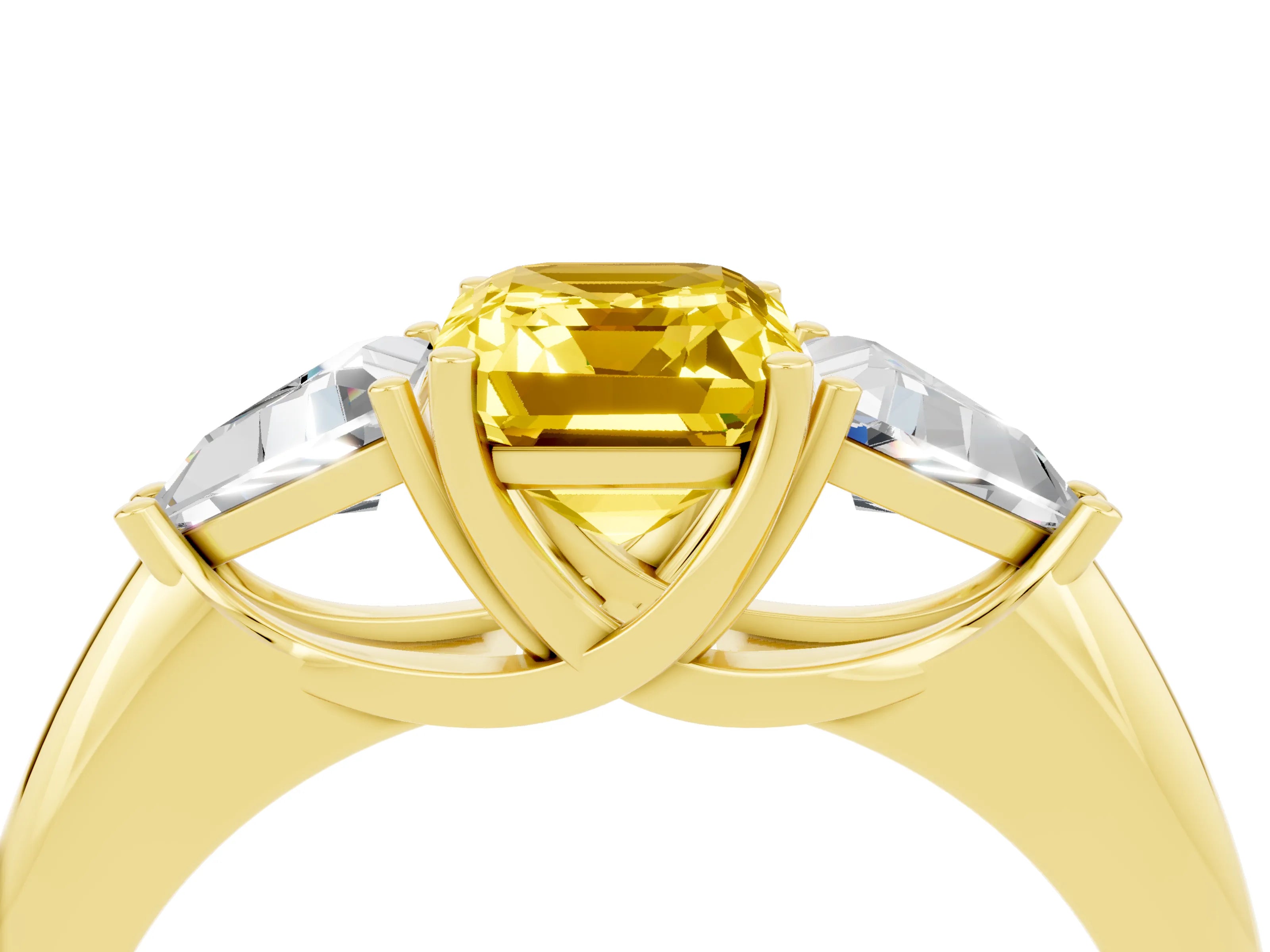 Yellow gold Three-Stone Emerald Cut Cut Diamond Ring with Trillion Side Stones and Four-Prong Setting_4
