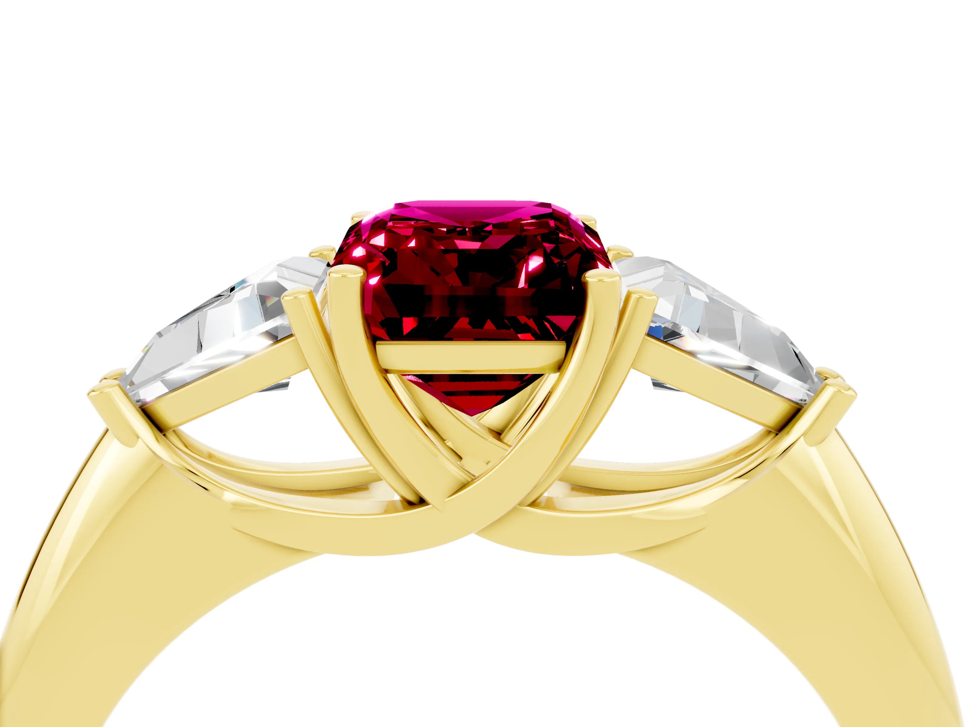 Yellow gold Three-Stone Emerald Cut Cut Diamond Ring with Trillion Side Stones and Four-Prong Setting_4