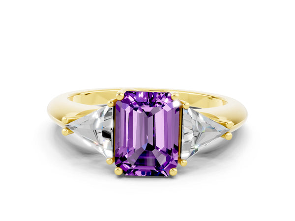 Yellow gold Three-Stone Emerald Cut Amethyst Engagement Ring with Trillion Side Stones and Prong Setting