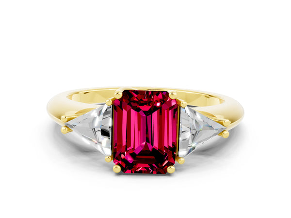 Yellow gold Three-Stone Emerald Cut Garnet Engagement Ring with Trillion Side Stones and Prong Setting
