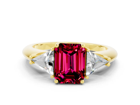 Yellow gold Three-Stone Emerald Cut Cut Diamond Ring with Trillion Side Stones and Four-Prong Setting