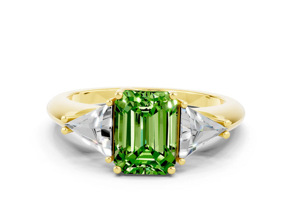 Yellow gold Three-Stone Emerald Cut Cut Diamond Ring with Trillion Side Stones and Four-Prong Setting