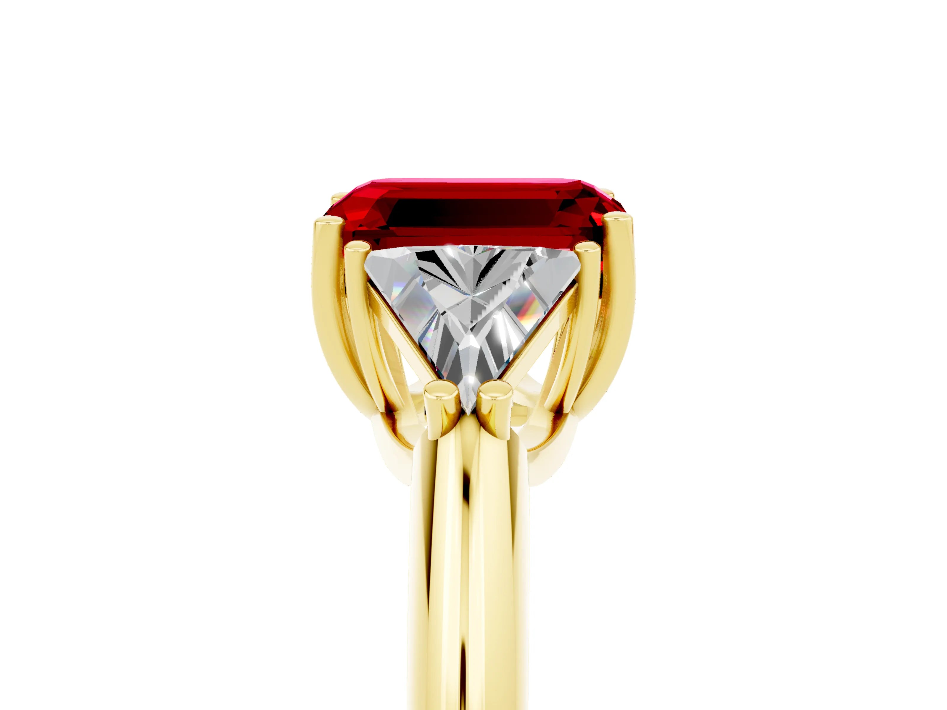 Yellow gold Three-Stone Emerald Cut Cut Diamond Ring with Trillion Side Stones and Four-Prong Setting_5