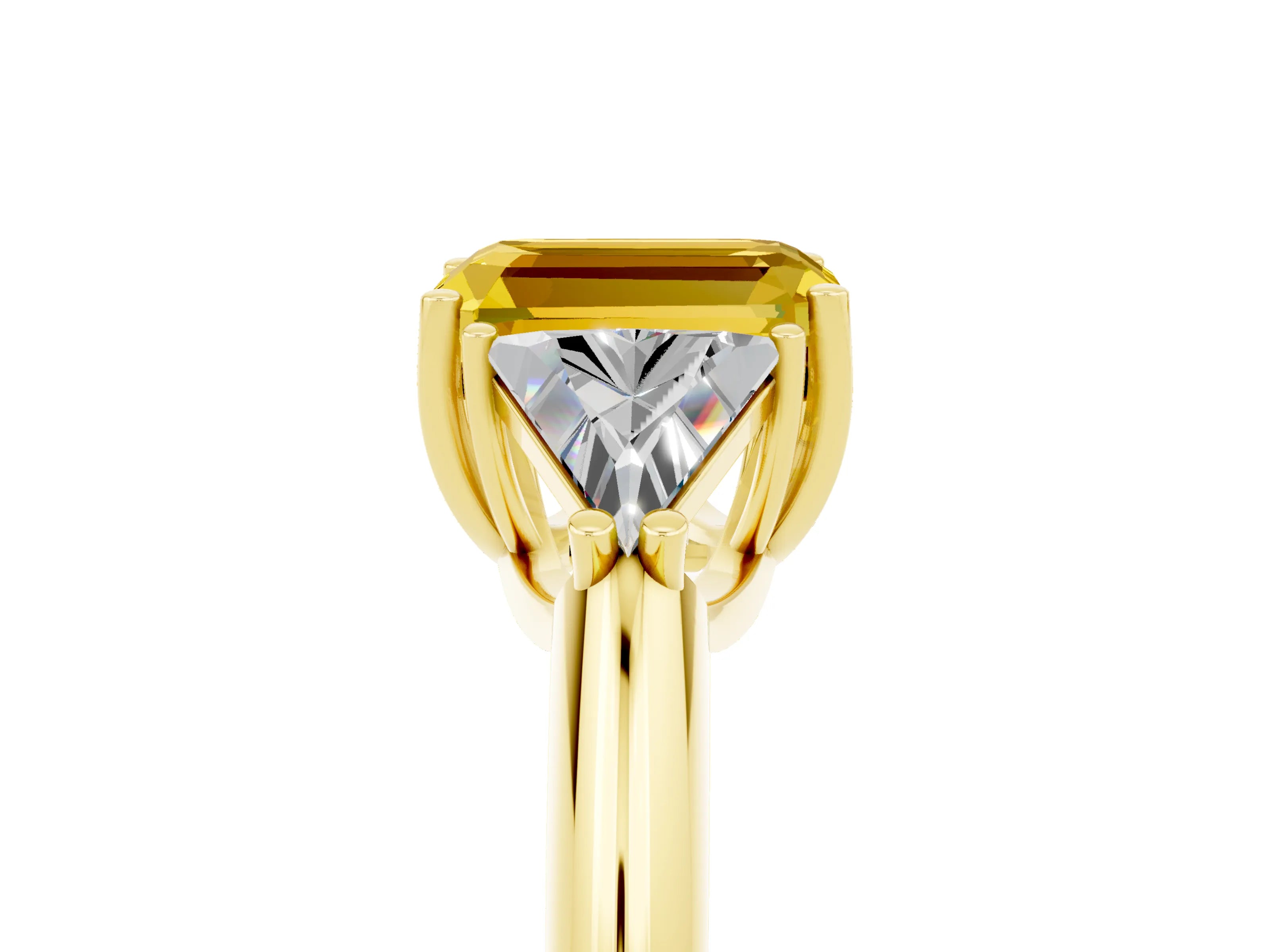 Yellow gold Three-Stone Emerald Cut Cut Diamond Ring with Trillion Side Stones and Four-Prong Setting_5