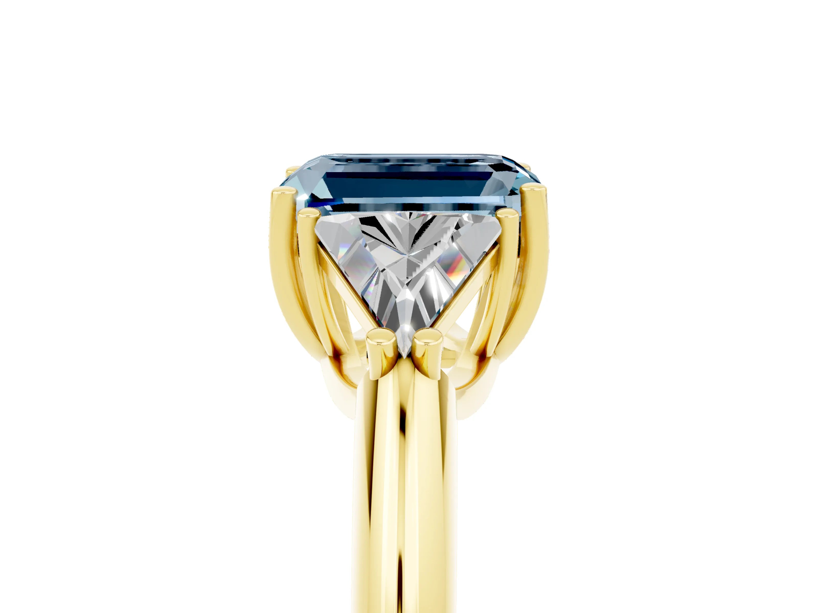 Yellow gold Three-Stone Emerald Cut Cut Diamond Ring with Trillion Side Stones and Four-Prong Setting_5