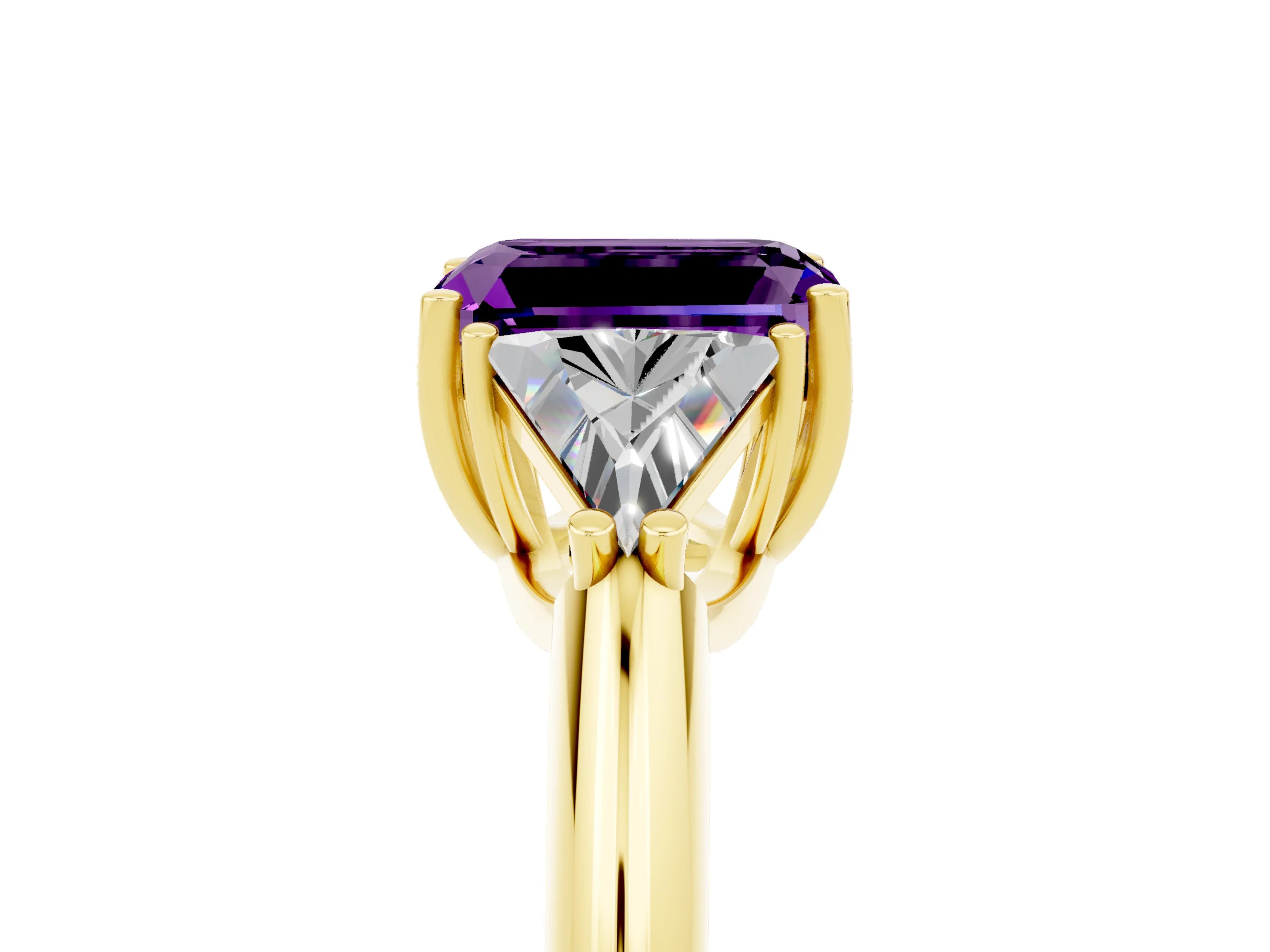 Yellow gold Three-Stone Emerald Cut Cut Diamond Ring with Trillion Side Stones and Four-Prong Setting_5