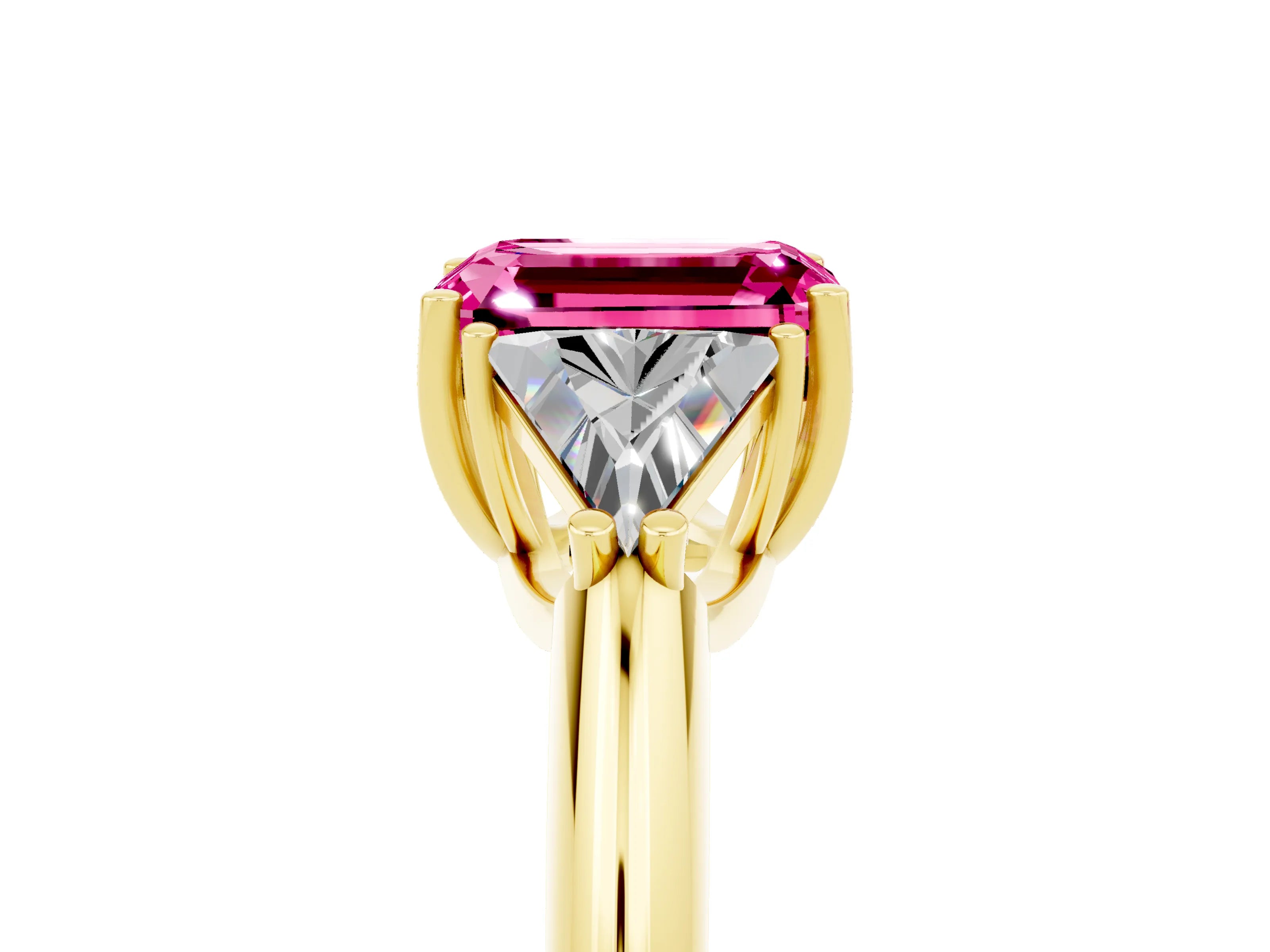 Yellow gold Three-Stone Emerald Cut Cut Diamond Ring with Trillion Side Stones and Four-Prong Setting_5