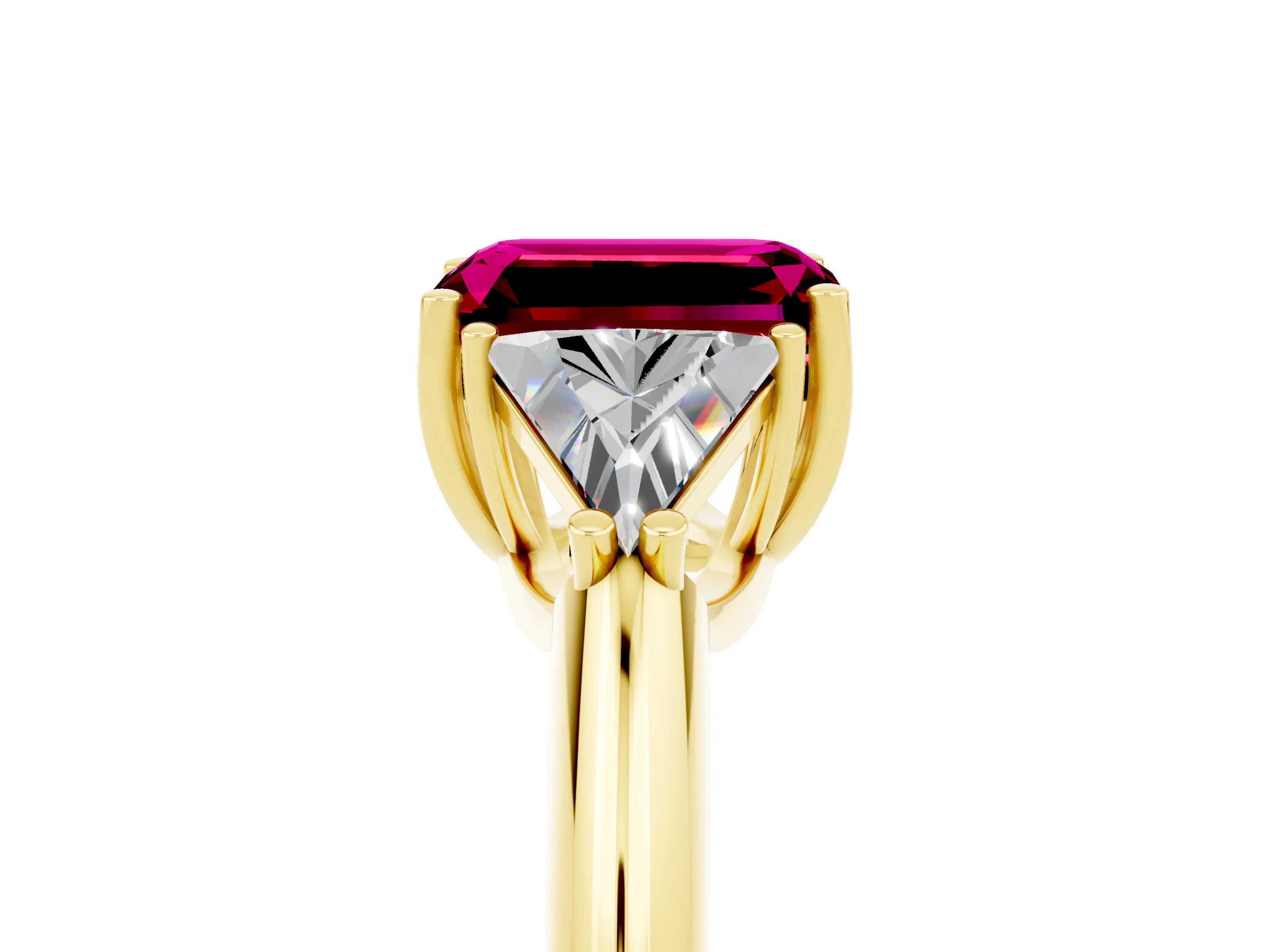 Yellow gold Three-Stone Emerald Cut Cut Diamond Ring with Trillion Side Stones and Four-Prong Setting_5