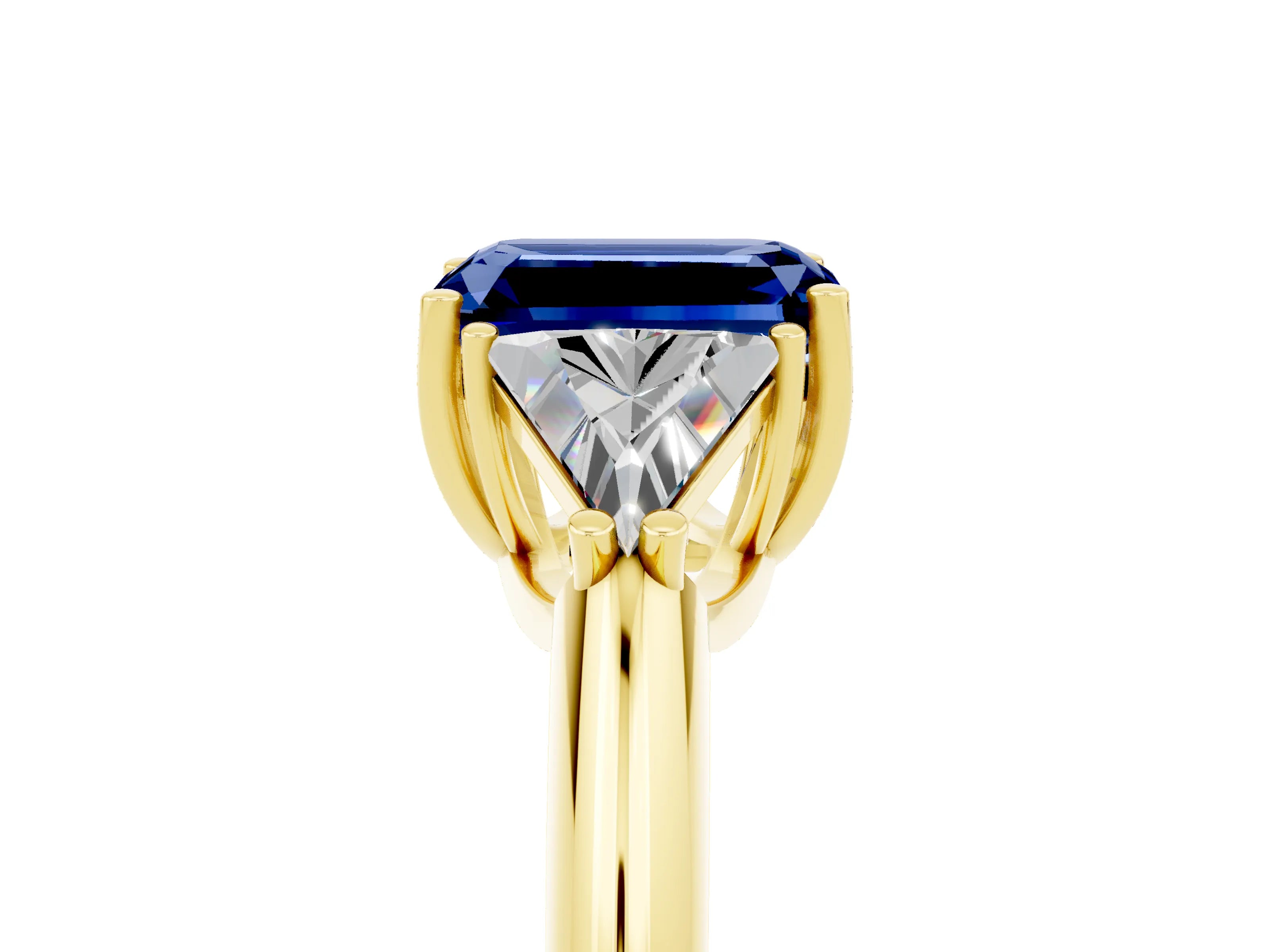 Yellow gold Three-Stone Emerald Cut Cut Diamond Ring with Trillion Side Stones and Four-Prong Setting_5