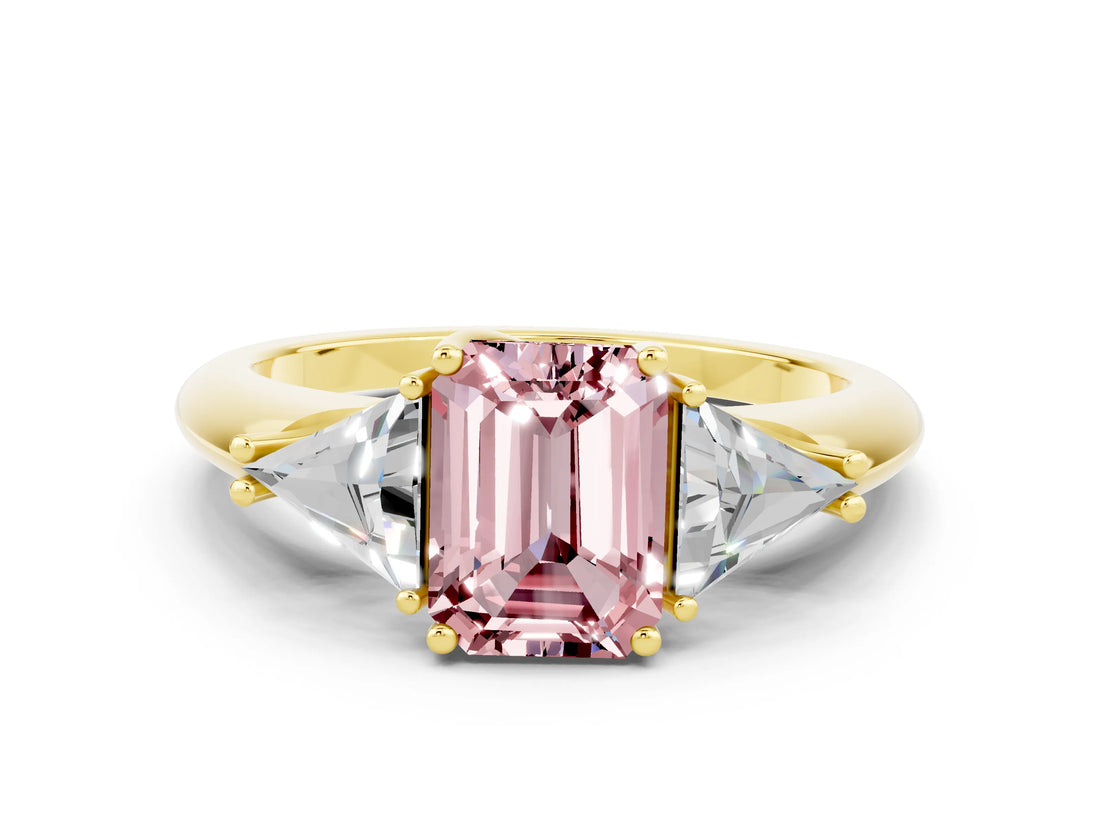 Yellow gold Three-Stone Emerald Cut Cut Diamond Ring with Trillion Side Stones and Four-Prong Setting