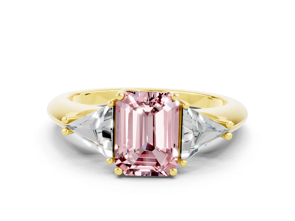 Yellow gold Three-Stone Emerald Cut Cut Diamond Ring with Trillion Side Stones and Four-Prong Setting
