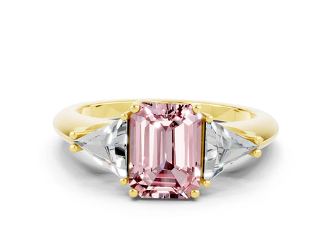 Yellow gold Three-Stone Emerald Cut Cut Diamond Ring with Trillion Side Stones and Four-Prong Setting