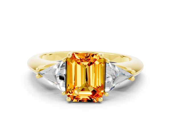 Yellow gold Three-Stone Emerald Cut Citrine Engagement Ring with Trillion Side Stones and Prong Setting