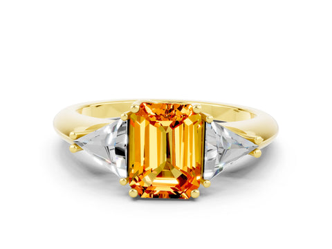 Yellow gold Three-Stone Emerald Cut Cut Diamond Ring with Trillion Side Stones and Four-Prong Setting