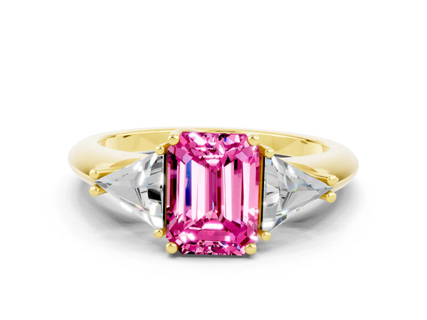Yellow gold Three-Stone Emerald Cut Pink Sapphire Engagement Ring with Trillion Side Stones and Prong Setting