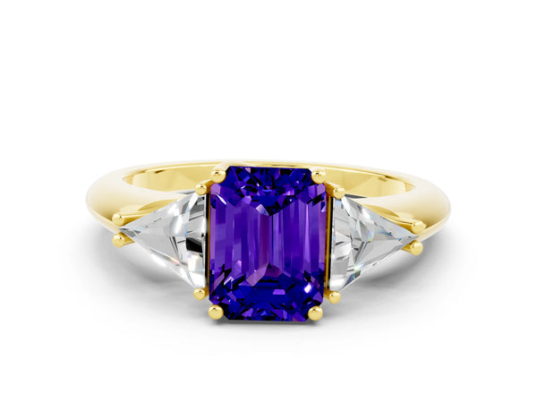 Yellow gold Three-Stone Emerald Cut Tanzanite Engagement Ring with Trillion Side Stones and Prong Setting