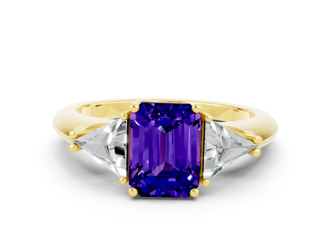 Yellow gold Three-Stone Emerald Cut Cut Diamond Ring with Trillion Side Stones and Four-Prong Setting