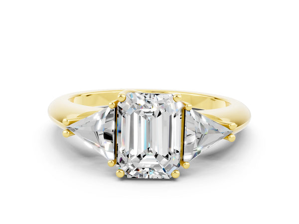 Yellow gold Three-Stone Emerald Cut Moissanite Engagement Ring with Trillion Side Stones and Prong Setting